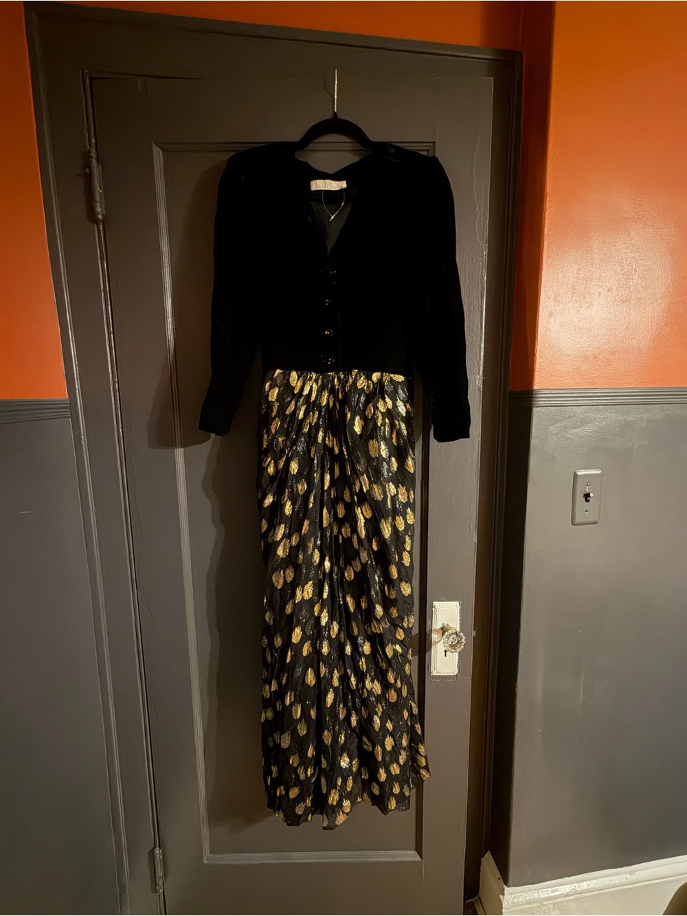 Givenchy Black Velvet Bodice Maxi Dress with Gold Leaf Skirt